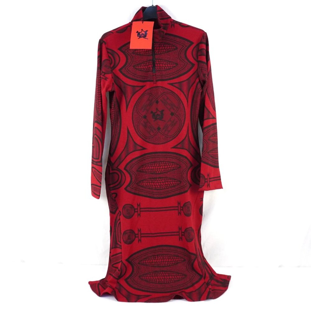 Thebe Magugu Basotho Motif Print Red & Black Long Sleeve Dress